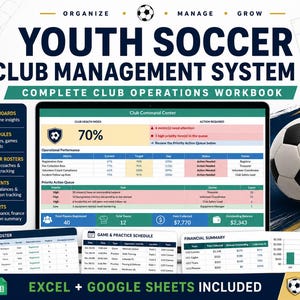 May include: A digital youth soccer club management system workbook featuring a central dashboard with a club health index, operational performance metrics, and a priority action queue. Includes player rosters, game schedules, and financial summary tables.