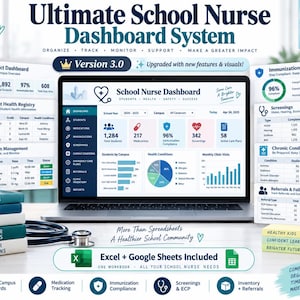 May include: A digital school nurse dashboard system displayed on a laptop screen, featuring data visualization charts, student health registries, medication management, and immunization tracking. Includes a stethoscope and stacked books.