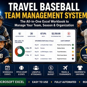 Puede incluir: Sistema de gestión de equipos de béisbol Travel, libro de Excel con panel de control que muestra estadísticas de jugadores, porcentajes de victorias y calendarios. Incluye 18 hojas de cálculo para plantillas, horarios, lanzamientos y presupuestos.