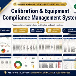 以下が含まれることがあります： ExcelおよびGoogleスプレッドシート用の「Calibration & Equipment Compliance Management System」というタイトルのデジタルワークブック。機器、校正スケジュール、監査準備状況を追跡するための複数のデータテーブル、円グラフ、進捗バーが含まれています。