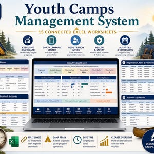 May include: A digital management system for youth camps featuring 15 connected Excel worksheets. The display shows an executive dashboard on a laptop screen surrounded by panels for command center, registration, health, and activity scheduling.