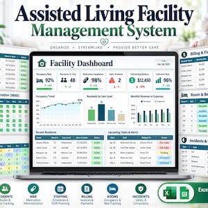 May include: A digital dashboard for an Assisted Living Facility Management System displayed on a laptop screen, surrounded by floating panels showing resident rosters, medication administration, staff schedules, billing, and incident tracking.