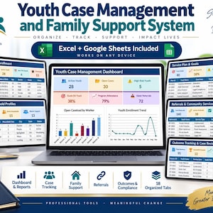 Puede incluir: Un panel digital de gestión de casos juveniles y apoyo familiar en una pantalla de portátil, con tablas de datos, gráficos de barras y líneas para realizar el seguimiento de inscripciones, planes de servicio, referencias y resultados en Excel.