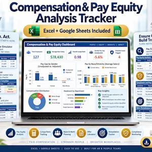 May include: A digital Compensation & Pay Equity Analysis Tracker displayed on a laptop screen, featuring Excel and Google Sheets compatibility. The dashboard includes data visualisations, salary simulators, and compliance tracking tools for HR teams.