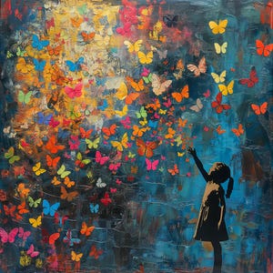 May include: An abstract painting featuring a silhouette of a child reaching towards a swarm of colorful butterflies. The butterflies are in shades of orange, pink, yellow, and blue against a textured, dark blue background.