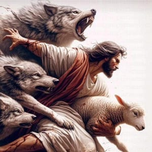 May include: Digital art depicting a man in white and red robes, surrounded by wolves, protecting a lamb. The wolves are snarling, and the man appears to be injured. The artwork has a dramatic, illustrative style.
