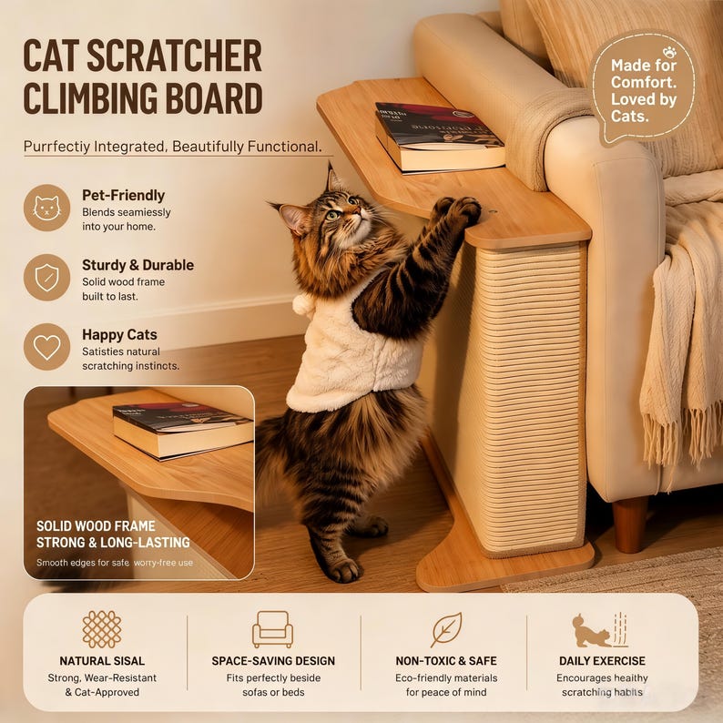 May include: A light-colored wooden cat scratcher climbing board with a vertical textured scratching surface and a flat top shelf. The product features the text CAT SCRATCHER CLIMBING BOARD, Purrfectly Integrated, Beautifully Functional, and other descriptive labels.
