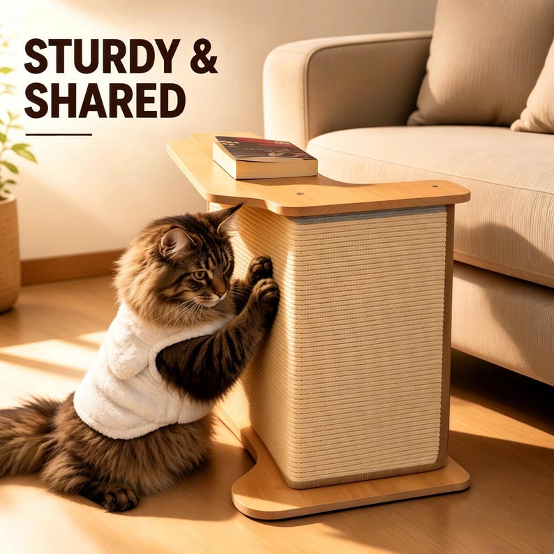 May include: A light brown wooden cat scratching post with a cream-colored textured surface and a flat top shelf holding a book. A long-haired brown tabby cat wearing a white fleece vest is scratching the post. Text reads STURDY & SHARED.