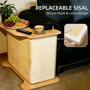 May include: A light wood side table with a vertical sisal scratching panel featuring a replaceable hook and loop design. The tabletop holds a plate of grapes and snacks, a remote control, and a tea cup. Text reads REPLACEABLE SISAL Secure Hook & Loop Design.