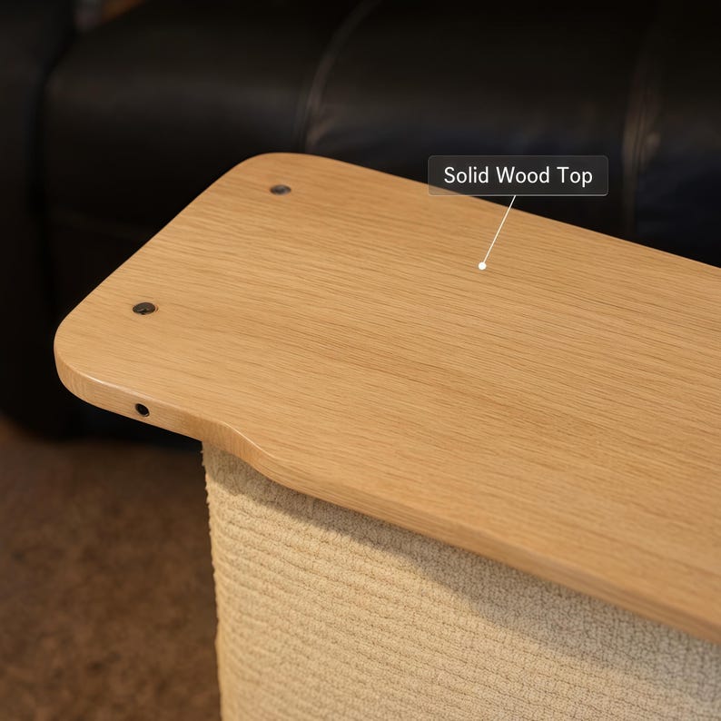 May include: A rectangular table surface with a light brown wood grain finish and rounded corners. The top features a label reading Solid Wood Top and includes visible dark metal screws embedded into the surface near the rounded edges.