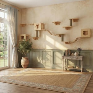 May include: A wall-mounted cat furniture system featuring light wood shelves, two square cubbies with cat-shaped cutouts, connecting bridges, and vertical scratching posts. The modular set is arranged in a tiered configuration across the wall.