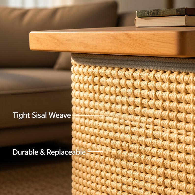 May include: A side table featuring a light-toned wooden top and a base constructed from a tight sisal weave. The base is labeled with the text Tight Sisal Weave and Durable & Replaceable. The design includes a smooth, flat wooden surface.