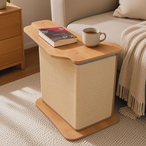 May include: A light wood side table with a rectangular top and a base, featuring a central section wrapped in cream-colored textured rope. A book with a dark cover and a light-colored ceramic mug are placed on the flat wooden surface.