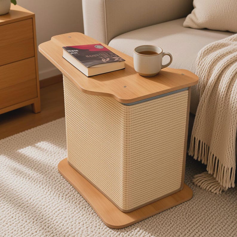 May include: A light wood side table with a rectangular top and a base, featuring a central section wrapped in cream-colored textured rope. A book with a dark cover and a light-colored ceramic mug are placed on the flat wooden surface.
