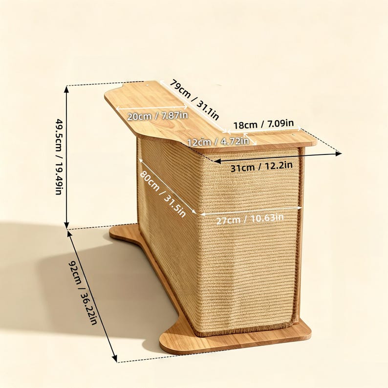 May include: A light wood cat scratching post with a flat top shelf and a textured sisal rope surface. The structure features labeled dimensions including 31.1 inches in length, 19.49 inches in height, and 36.22 inches in total width with various segments.