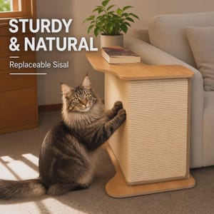 May include: A light wood cat scratching post table with a flat top surface and a vertical panel covered in cream-colored sisal rope. The text STURDY & NATURAL and Replaceable Sisal is visible. A long-haired tabby cat is scratching the sisal panel.