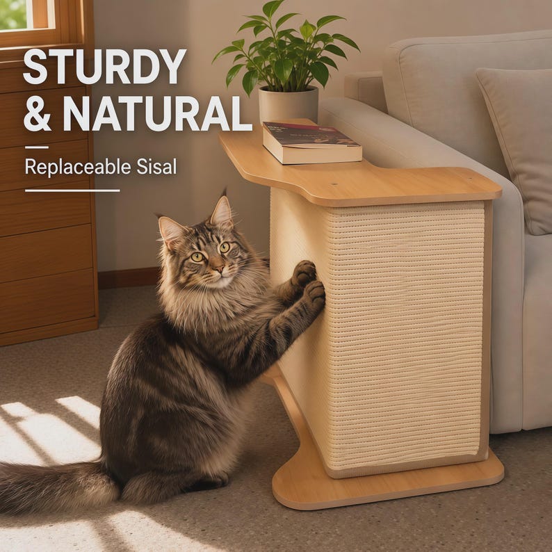 May include: A light wood cat scratching post table with a flat top surface and a vertical panel covered in cream-colored sisal rope. The text STURDY & NATURAL and Replaceable Sisal is visible. A long-haired tabby cat is scratching the sisal panel.
