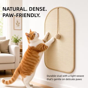 May include: An arched wall-mounted cat scratching pad made of beige woven sisal with a matching border. A small sisal ball hangs from a string at the top. Text on the image reads: NATURAL. DENSE. PAW-FRIENDLY. Durable sisal with a tight weave.