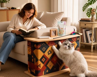 May include: A rectangular cat scratching post with a light wood top and base, featuring a colorful geometric pattern in red, yellow, blue, and black. A fluffy white and grey cat is scratching the side of the post.