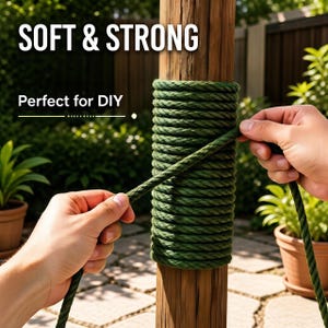 Puede incluir: Una cuerda verde gruesa envuelta firmemente alrededor de un poste de madera vertical. El texto "SOFT & STRONG" y "Perfect for DIY" es visible en la esquina superior izquierda. La cuerda es sostenida y posicionada por dos manos.