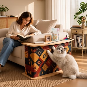 May include: A rectangular wooden side table with a patterned fabric side panel featuring geometric shapes in red, yellow, black, and blue. A long-haired white and grey cat is scratching the side panel. The table top holds a small photo frame, a bag of treats, and a feather toy.