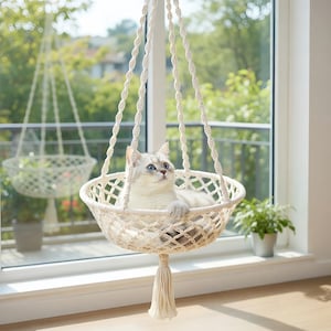 May include: A cream macrame cat bed with a white cat inside. The hanging bed has a woven basket design with a tassel at the bottom. The cat has blue eyes and is looking up. A second hanging basket is visible in the background.