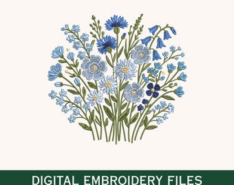 May include: An embroidery design featuring a bouquet of blue and light blue wildflowers with green stems and leaves. Below the floral arrangement, the text reads DIGITAL EMBROIDERY FILES, followed by the file formats PES, DST, EXP, HUS, and VP3.