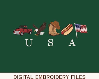 May include: A digital embroidery design featuring a red pickup truck, a bald eagle, brown cowboy boots with a hat, a hot dog, and an American flag, arranged above the letters U S A. The text DIGITAL EMBROIDERY FILES and file formats appear below.