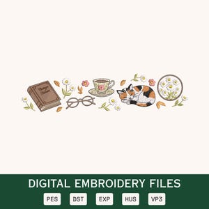 May include: Digital embroidery files featuring a cozy scene with a book, eyeglasses, teacup, sleeping cat, and floral embroidery hoop. The design includes the text "Cottage Nature" on the book. The bottom of the image reads "DIGITAL EMBROIDERY FILES".