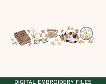 May include: Digital embroidery files featuring a cozy scene with a book, eyeglasses, teacup, sleeping cat, and floral embroidery hoop. The design includes the text "Cottage Nature" on the book. The bottom of the image reads "DIGITAL EMBROIDERY FILES".