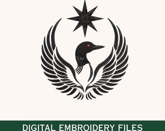 Black Winged Bird Crest Embroidery Design, Raven Loon Eagle Style Emblem, Gothic Wings Star, Machine Embroidery Pattern, Instant Download