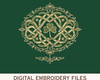 May include: A dark green background features a gold-colored, intricate Celtic knotwork design surrounding a central shamrock. Below the graphic, the text reads DIGITAL EMBROIDERY FILES followed by the file formats PES, DST, EXP, HUS, and VP3.