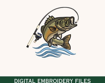 May include: An embroidery design featuring a green and brown bass fish jumping out of blue water waves, hooked to a fishing rod with a reel. Below the graphic, the text reads DIGITAL EMBROIDERY FILES with file formats PES, DST, EXP, HUS, and VP3.