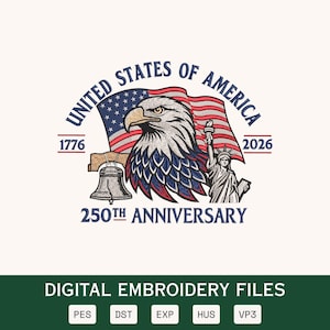 Broderidesign för Amerikas förenta stater 250-årsjubileum, patriotisk örn, amerikansk flagga, maskinbroderifil, Liberty Bell 1776-2026