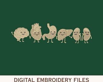 Diseño de bordado de órganos adorables y felices, archivo de bordado a máquina de cerebro, corazón, estómago, hígado y riñón, bordado de anatomía médica, descarga digital