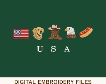 May include: Digital embroidery files featuring patriotic symbols. Includes an American flag, a golden retriever, cowboy boots, a bald eagle, and a hot dog. The word "USA" is displayed below the images. The background is dark green.