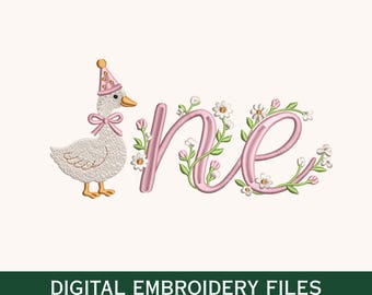 May include: An embroidery design featuring a white duck wearing a pink party hat and bow, positioned next to the word one written in pink cursive script, decorated with small white flowers and green vines. Text reads DIGITAL EMBROIDERY FILES.
