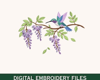 Desenho de Bordado de Beija-flor e Glicínia, Padrão de Bordado à Máquina com Pássaros e Flores, Arquivo de Bordado para Jardim de Primavera, Design Inspirado na Natureza