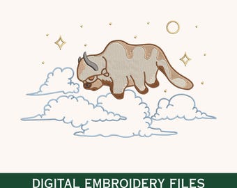 Diseño de bordado de bisonte volador, archivo de bordado a máquina de bisonte del cielo, patrón de bordado de animales fantásticos, descarga digital de linda criatura voladora