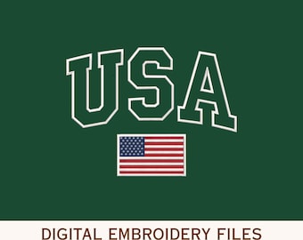 May include: A digital embroidery design featuring the text USA in a bold, arched, white-outlined font above a rectangular United States flag. The background is a solid dark green. Below the graphic, the text reads DIGITAL EMBROIDERY FILES PES DST EXP HUS VP3.
