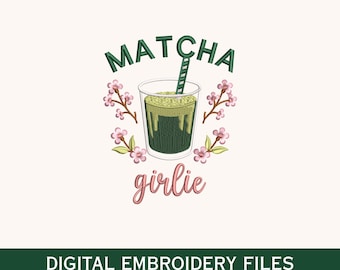 Diseño de bordado Matcha Girlie, archivo de bordado a máquina de Matcha Latte adorable, patrón de bordado de bebida floral coqueta, regalo moderno para chicas amantes de los cafés