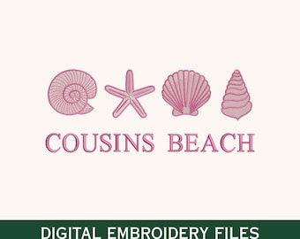 May include: A digital embroidery design featuring four pink nautical icons: a spiral shell, a starfish, a fan-shaped scallop shell, and a cone shell. Below the icons, the text COUSINS BEACH is embroidered in pink. The bottom bar reads DIGITAL EMBROIDERY FILES.
