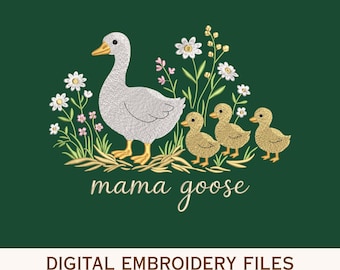 Mama Gans Stickdatei, Muttergans und die drei Gänseküken Stickdatei, Bauernhaus Gans Maschinenstickerei Muster, Blumenmuster