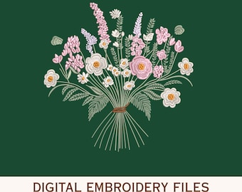 May include: A digital embroidery design featuring a bouquet of pink and white wildflowers with green stems and leaves on a dark green background. The text reads DIGITAL EMBROIDERY FILES with file formats PES, DST, EXP, HUS, and VP3 listed below.
