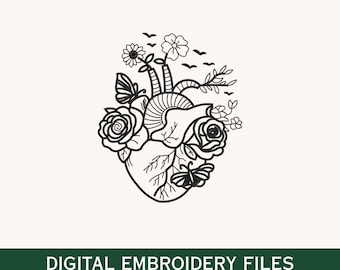 Floral Anatomical Heart Embroidery Design, Botanical Heart Machine Embroidery File, Vintage Flower Heart Embroidery Pattern Download