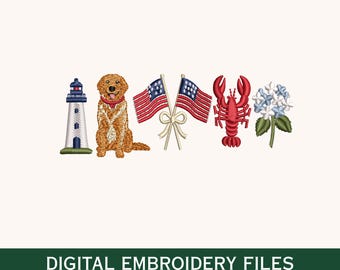 May include: A set of digital embroidery designs featuring a white and blue lighthouse, a golden dog with a red collar, two crossed American flags tied with a white ribbon, a red lobster, and a cluster of blue and white hydrangea flowers with green leaves.