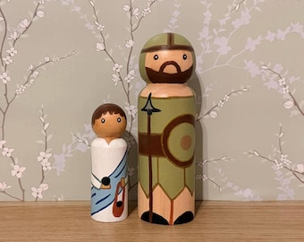 David and Goliath Peg Doll Set | Hand Painted Bible Story Toys | Christian Wooden Toys | Bible Storytelling Figures