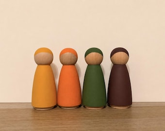 Chunky Fall Peg Dolls Set of 4, 3.5-Inch Hand-Painted Wooden Autumn Figures, Faceless Seasonal Play Set