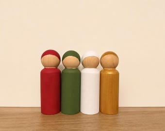 Christmas Peg Dolls Set of 4, 3.5-Inch Hand-Painted Wooden Holiday Figures, Faceless Seasonal Play Set