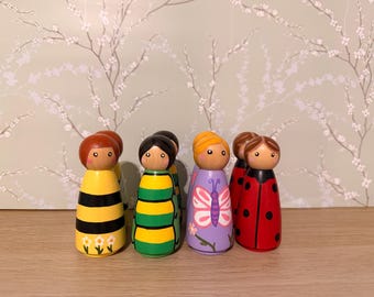 Garden Bugs Peg Doll Set | Montessori Wooden Toys | Butterfly, Ladybug, Bee & Caterpillar | Waldorf Inspired Toy | Nature Play | Handmade Gi